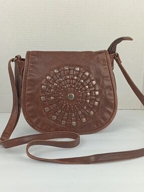 Vilenca Women's Brown Leather Bohemian Crossbody Bag with Studded Medallion